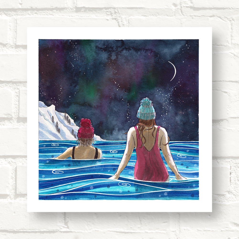 Two women wild swimming under the Northern Lights